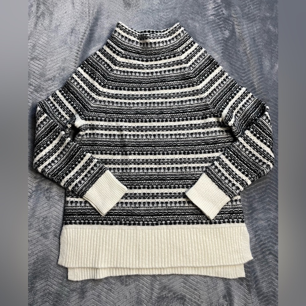Talbots Fair Isle Mock Neck Knit Sweater Wool Blend Black Cream Small